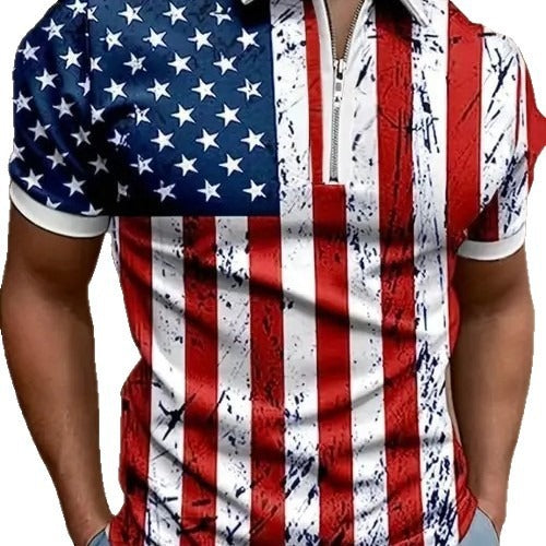 Men's 3D Digital Print Zip-Up Polo Shirt